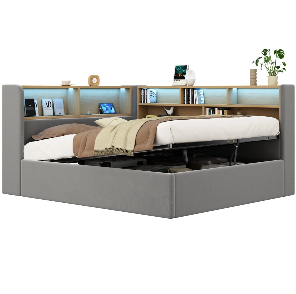 Letto imbottito con vano idraulico, LED e porte USB-C, grigio
