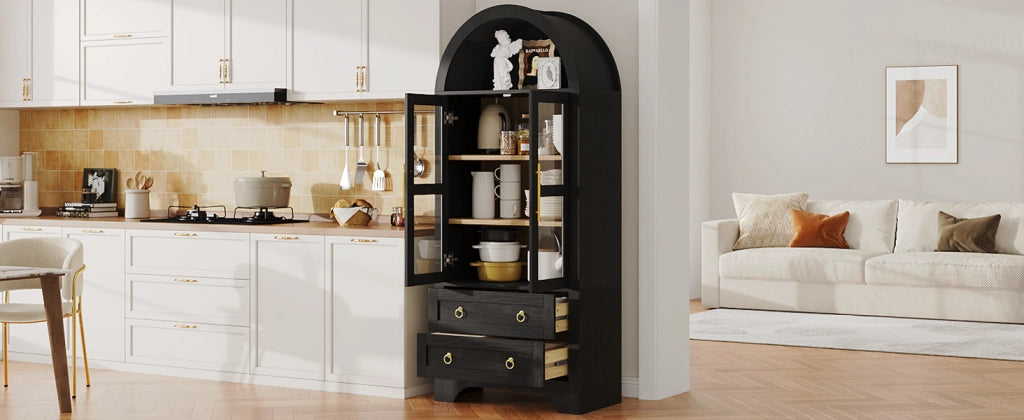 Credenza alta con 2 ante in vetro, 2 cassetti e 2 ripiani regolabili, per cucina, nero, 76.2 × 40.1 × 180 cm
