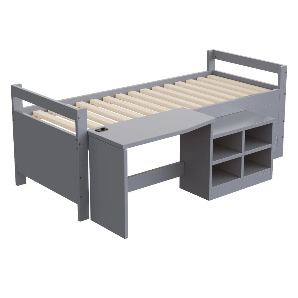 LETTO Multifunzione 90x200 cm Grigio in legno con scrivania, vani contenitori e prese
