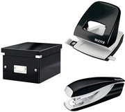 Set di archiviazione con cassetta e coperchio, piccola, con perforatrice e macchina per bucature per 30 fogli, cassetta per documenti fino A5 in ufficio e a casa, serie WOW, nera, 60430095 + 50081095 + 55021095