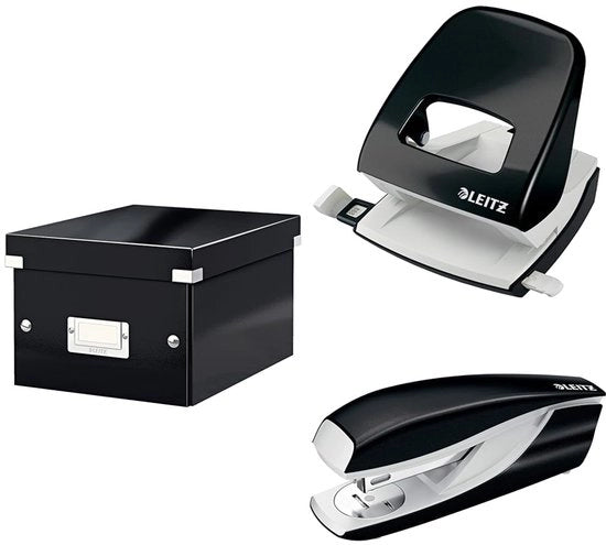 Set di archiviazione con cassetta e coperchio, piccola, con perforatrice e macchina per bucature per 30 fogli, cassetta per documenti fino A5 in ufficio e a casa, serie WOW, nera, 60430095 + 50081095 + 55021095