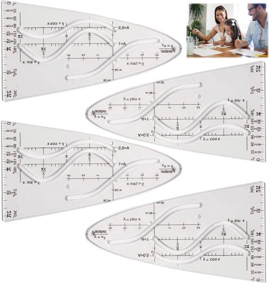 Disegni Matematici 4 Pezzi - Parabolici/Cosinici/Tangenti - Materiale Flessibile in Plastica - Stabile Dimensionale - Precisi e Affidabili - Strumenti di Disegno