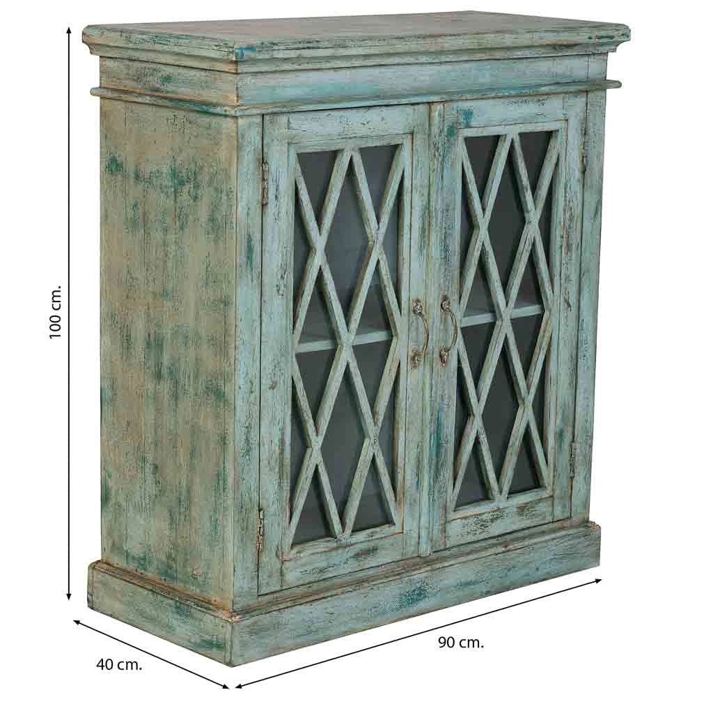 Credenza in legno e vetro con 2 ante, blu 90x40x100h cm