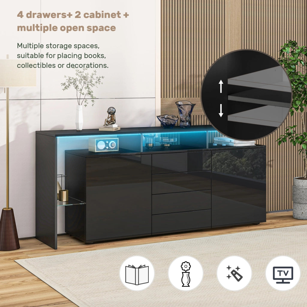 Credenza con 2 Ante; 4 Cassetti; 2 Vani a Giorno e LED; Controllo tramite App; Nero; 160¡Á35¡Á70 cm