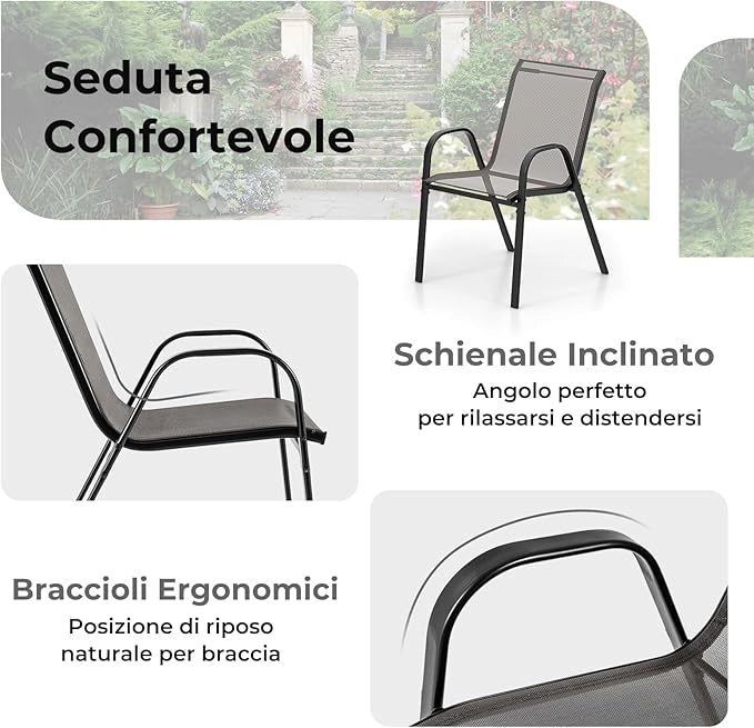 Set Mobili da Giardino 3 Pezzi, con Tavolo Rotondo in Vetro Temperato e 2 Sedie in Textilene Traspirante, per Esterno Balcone Giardino (Grigio)