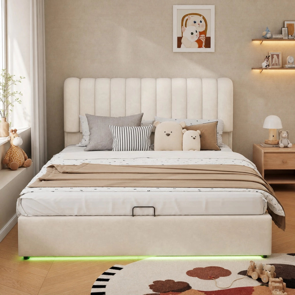 Letto con Cassetti 140x200 cm con Contenitore; 3 Cassetti e LED - in Velluto - Beige