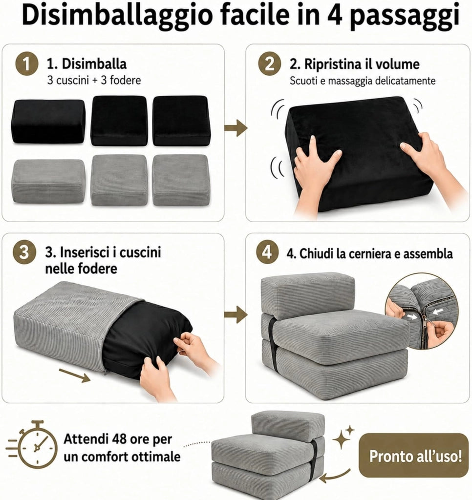 Poltrona Letto Singolo - Pouf Trasformabile in Letto Sfoderabile in Velluto a Coste - Futon Giapponese Pieghevole Pratico e Confortevole, Imbottito in Schiuma (70 x 190 cm, Grigio Chiaro)