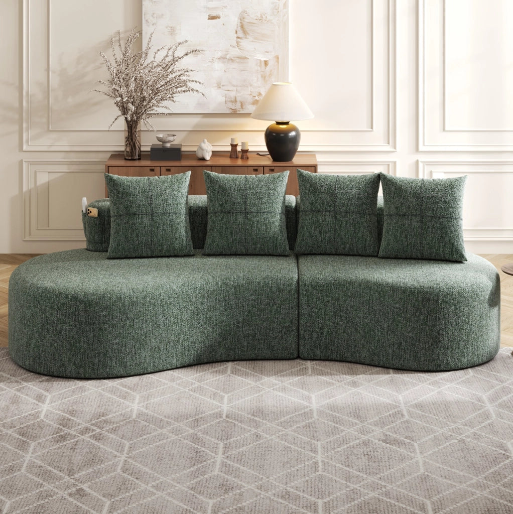 Divano 240x109x63 cm verde, portabicchieri e tasche laterali, lino, 4 cuscini