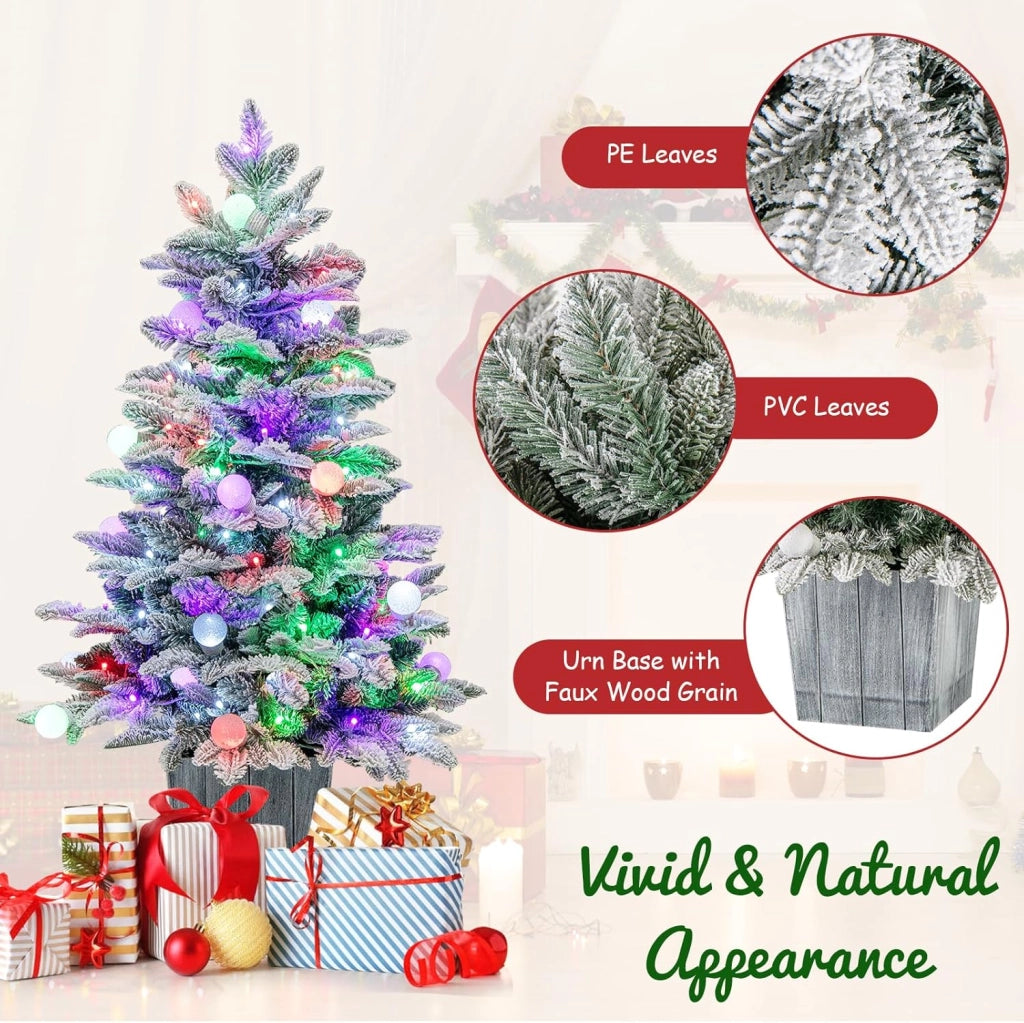 Mini Albero di Natale Artificiale 100 cm con Luci LED, Albero di Natale Piccolo con 148 Rami, Christmas Tree Innevato da Tavolo con Base, per Ufficio, Negozio, Casa, Verde e Bianco
