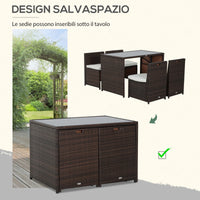 Set Tavolo e 4 Sedie da giardino in Rattan Sintetico e Acciaio con Cuscini Marrone