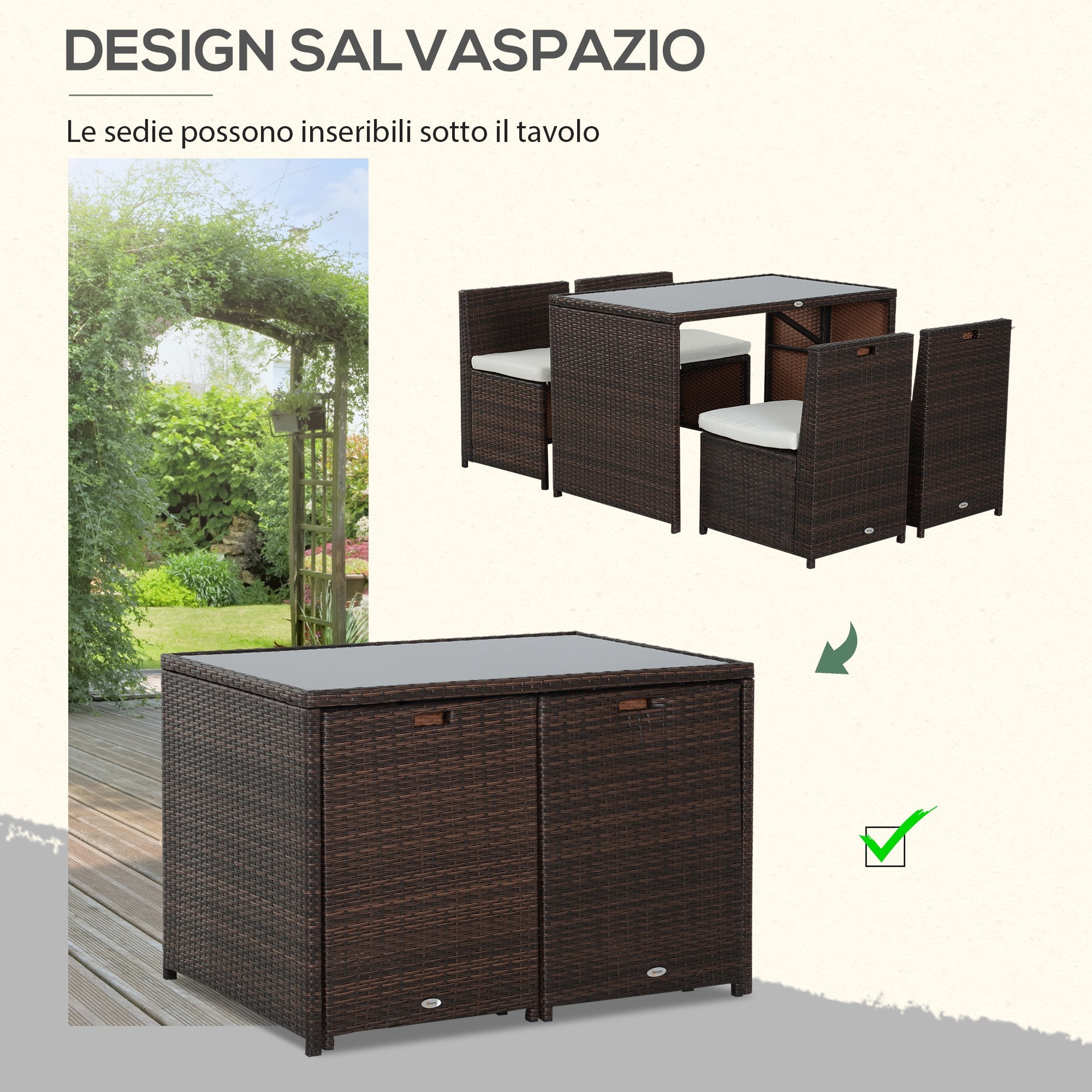 Set Tavolo e 4 Sedie da giardino in Rattan Sintetico e Acciaio con Cuscini Marrone