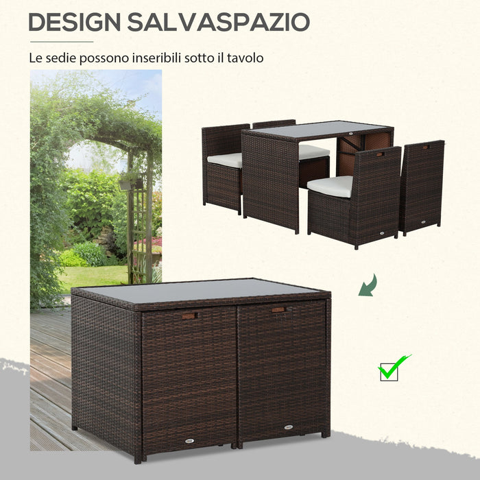 Set Tavolo e 4 Sedie da giardino in Rattan Sintetico e Acciaio con Cuscini Marrone