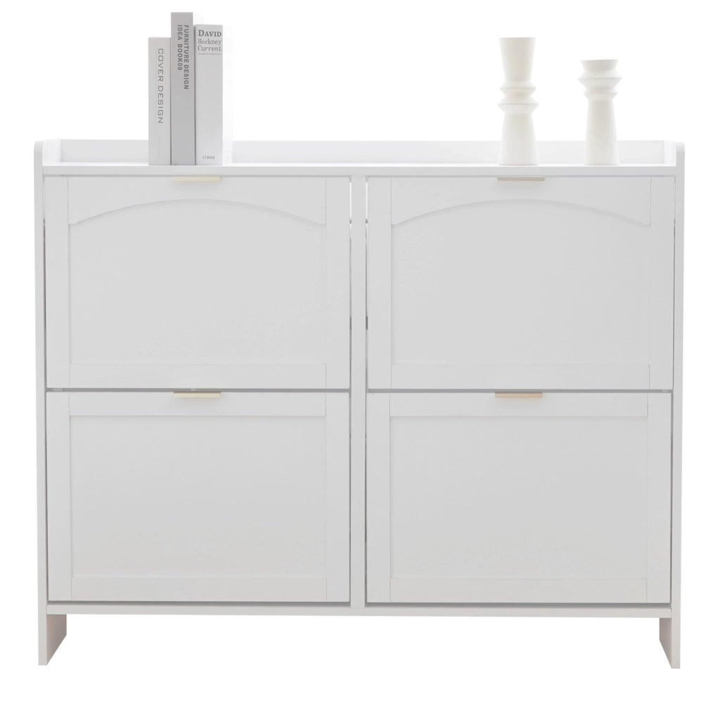OKWISH Scarpiera con 4 Ante a Ribalta, Ripiani Regolabili e Vani Aperti, per Ingresso, Bianca, 110×24×90 cm