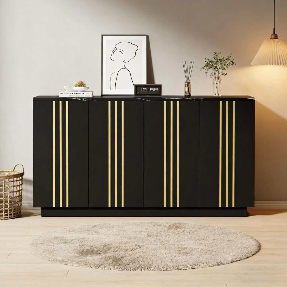Credenza Soggiorno con 4 Ante ¨C MINIMAL ¨C Nero e Oro, 140x70x35 cm