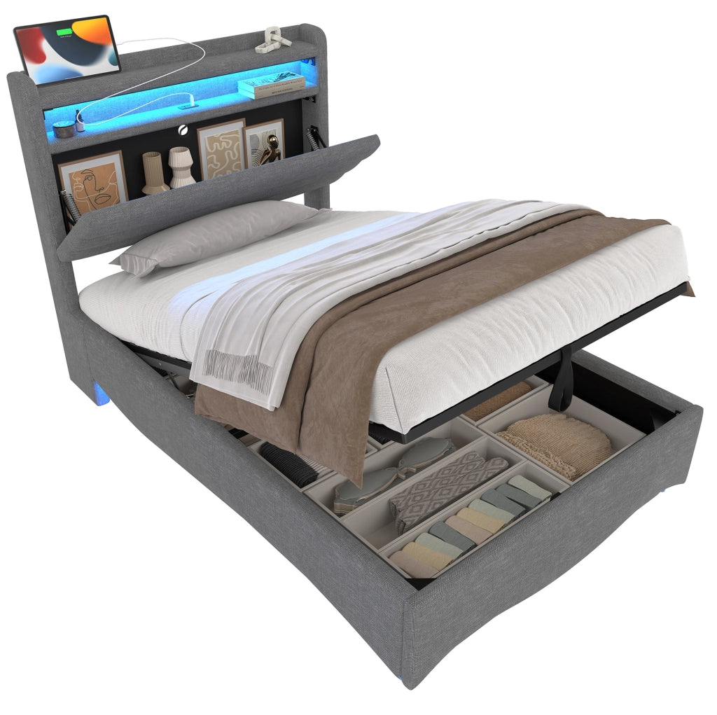 Letto imbottito 90x200 cm con LED; contenitore idraulico; USB e Type-C in lino grigio