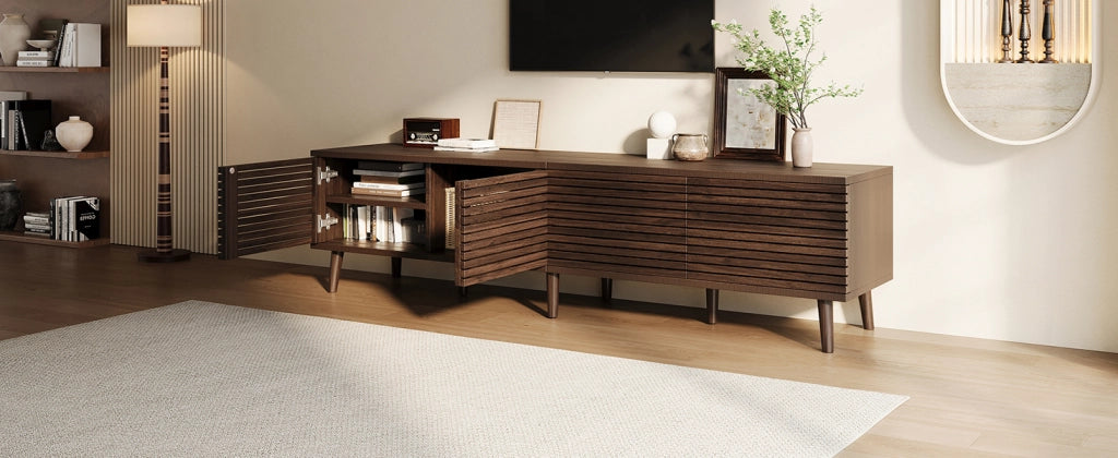 Mobile porta TV con 4 ante e 6 vani aperti, passacavi, per soggiorno, in MDF e truciolare, noce, 180 × 40 × 46 cm