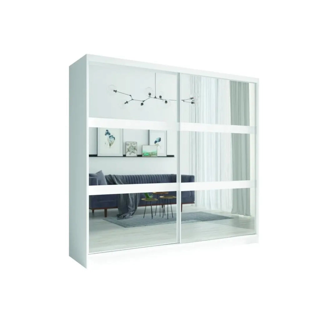 Set camera NOFI - Letto 180x200 cm con doghe, 2 cassetti, comodini, armadio e cassettiera - bianco