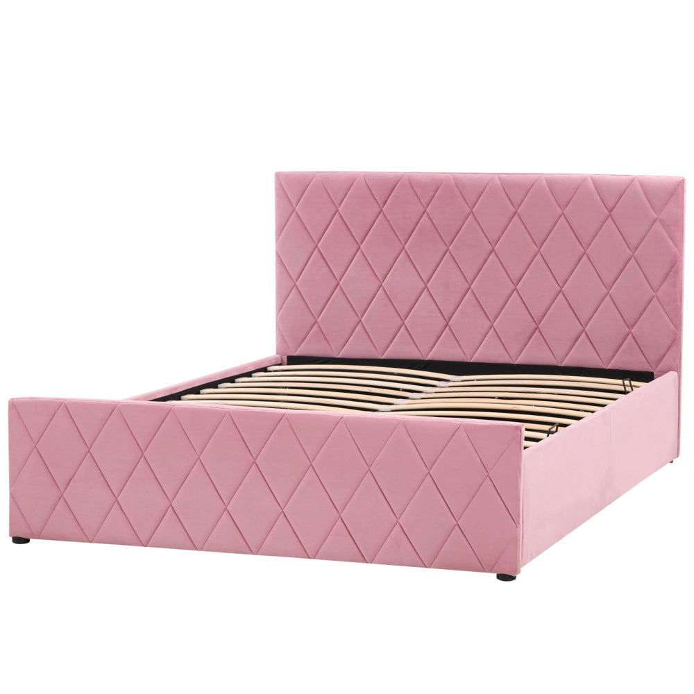 Letto contenitore Rivestimento in velluto rosa 140 x 200 cm con testiera trapuntata a diamante con base a doghe