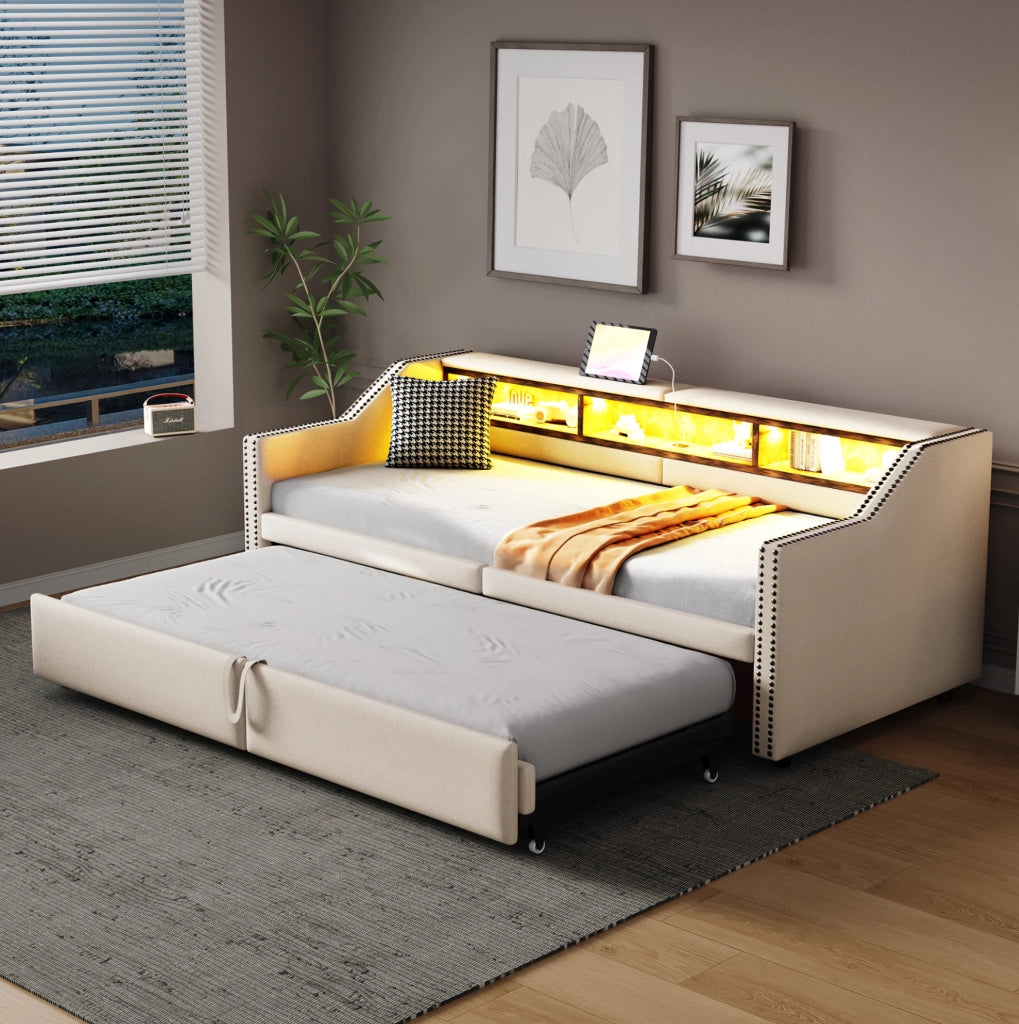 Divano letto imbottito estraibile 90/180 x 200 cm beige con LED e USB
