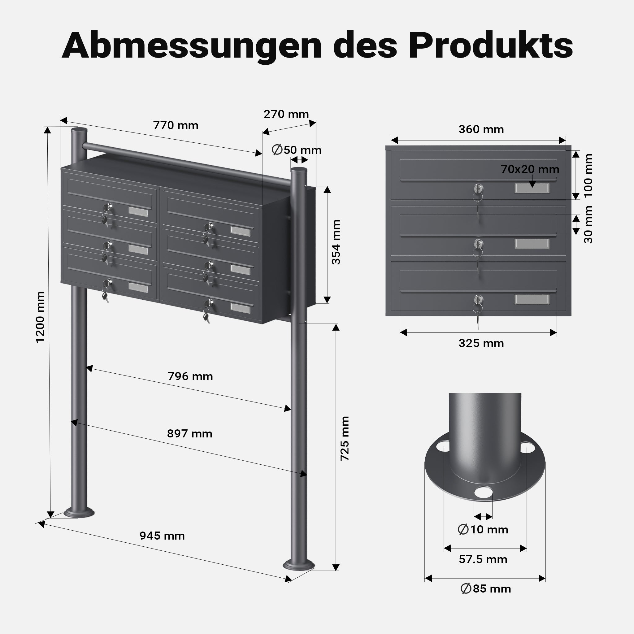 Cassetta postale condominiale autoportante, 6 posti, antracite, 945 x 270 x 1200 mm, 2 moduli