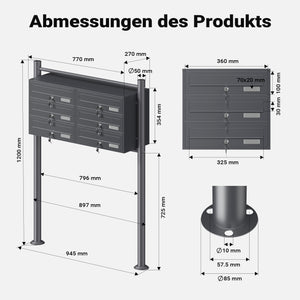 Cassetta postale condominiale autoportante, 6 posti, antracite, 945 x 270 x 1200 mm, 2 moduli