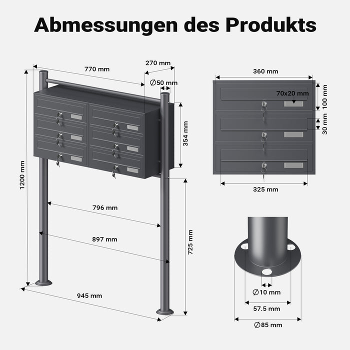 Cassetta postale condominiale autoportante, 6 posti, antracite, 945 x 270 x 1200 mm, 2 moduli