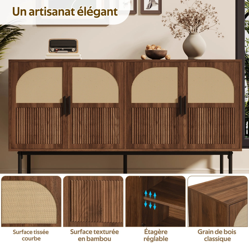 OKWISH Madia con 4 Ante e Cerniere Ammortizzate, per Soggiorno o Ingresso, MDF, Naturale, 140 × 40 × 80 cm