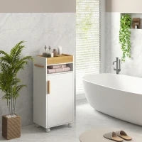 kleankin Mobiletto Bagno con Vassoio Rimovibile, Ripiano Aperto e Armadietto Chiuso, in Truciolato, 40x30x88 cm, Bianco