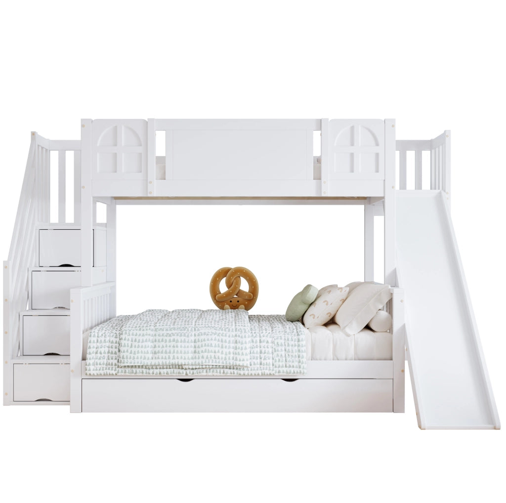 Letto a castello 90x200 cm bianco in pino e MDF con scivolo e scale