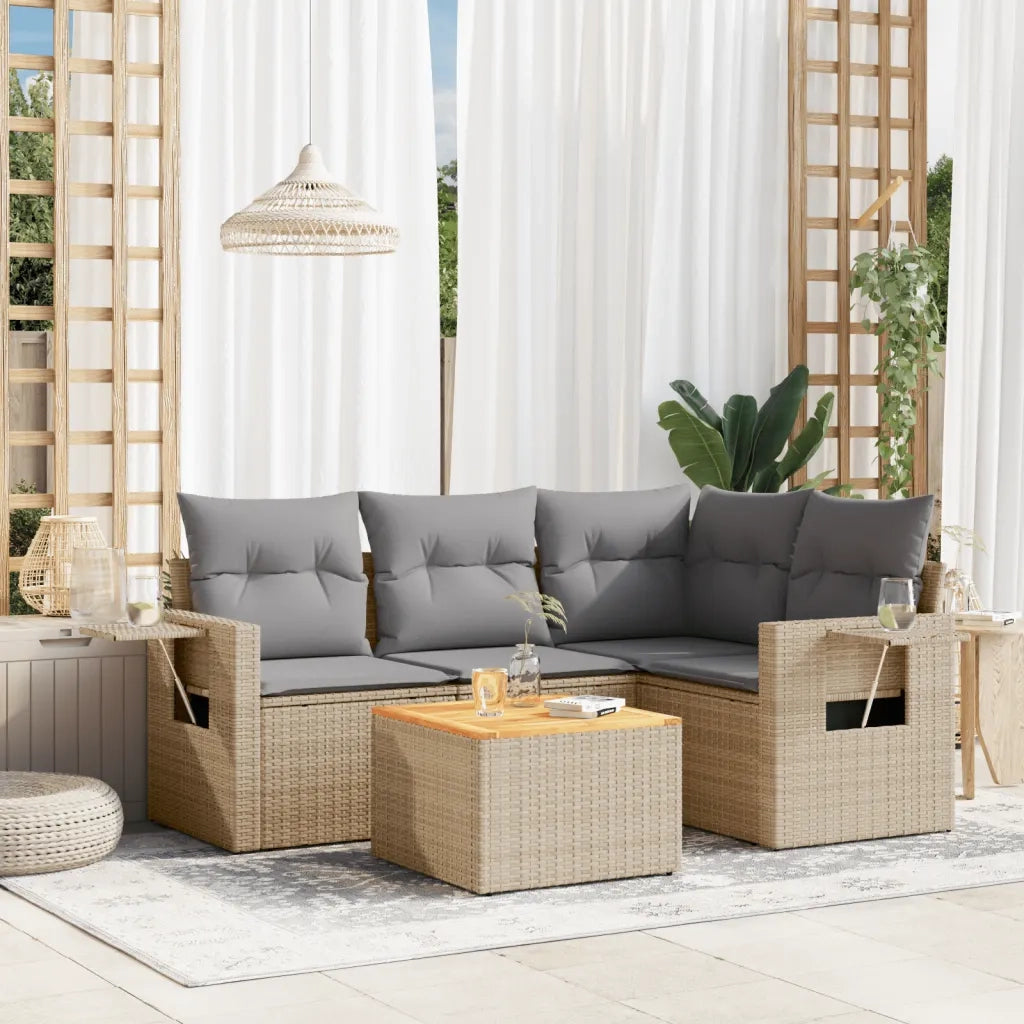 Set Divano da Giardino 5 pz con Cuscini Beige in Polyrattan