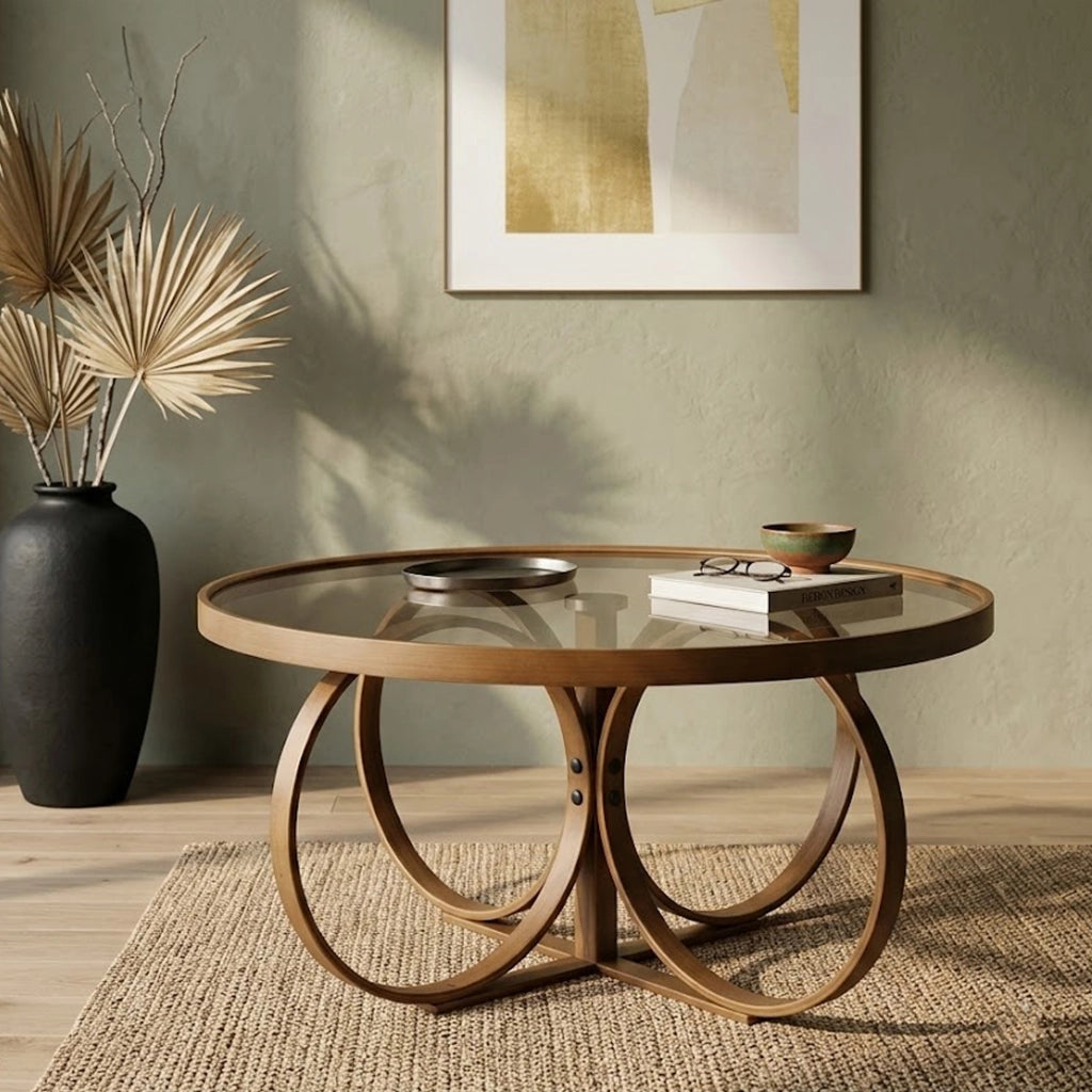 Gargallo, Tavolino da Salotto Piano in Vetro Temperato, 100x100x47h cm Marrone Noce