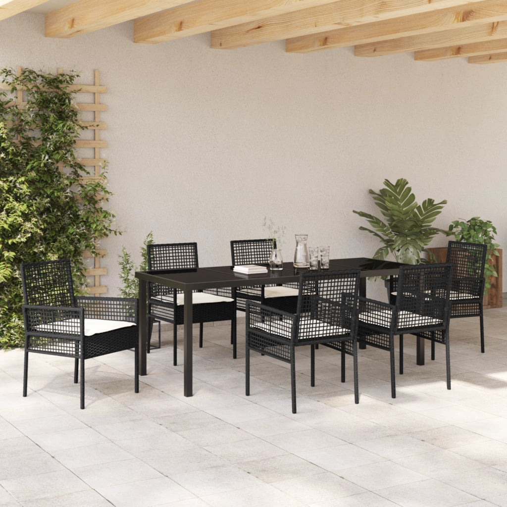 Set Pranzo Giardino 7 Pezzi con Cuscini Nero Polyrattan