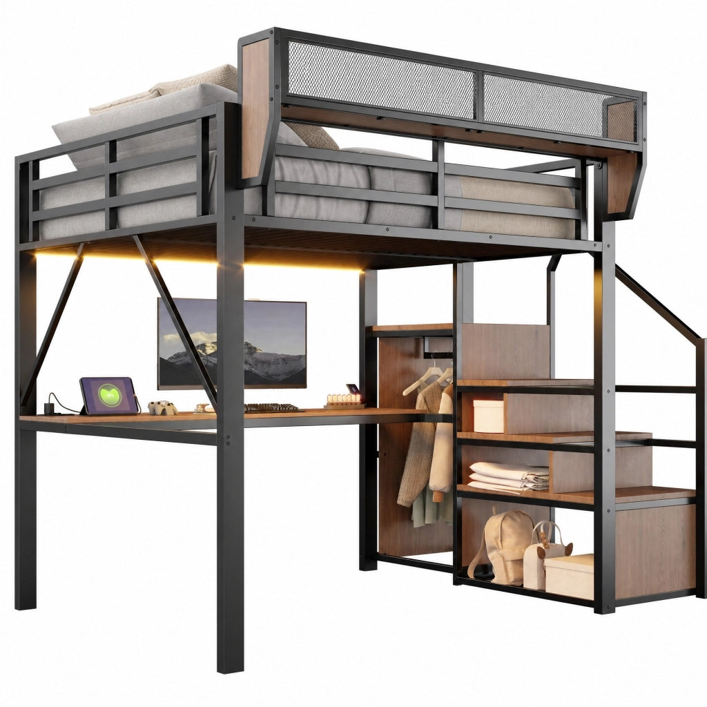 Letto a soppalco in metallo 140x200 cm con scrivania, scala di sicurezza, ripiani flessibili, LED e presa multifunzione, Nero