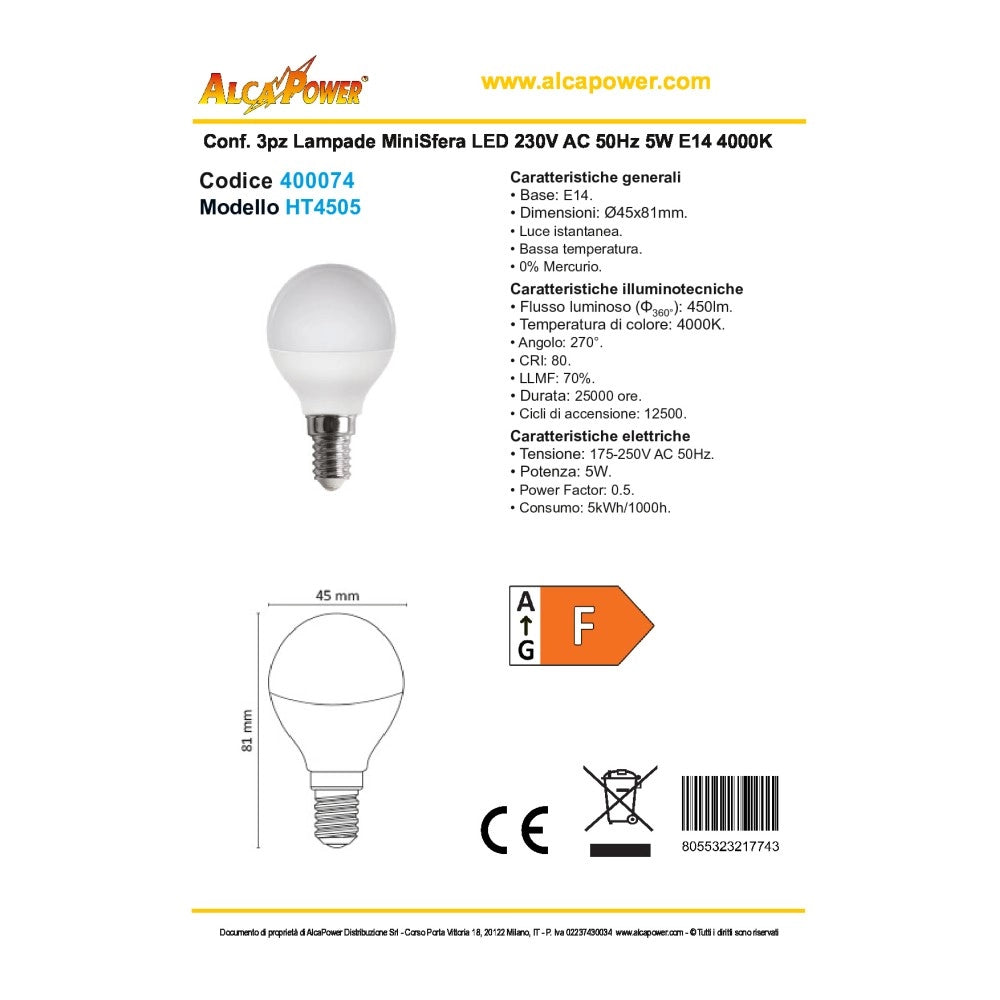 Alca power g45 5w 220v 400lm 4000k e14 lampada mini sfera a led box da 3pz