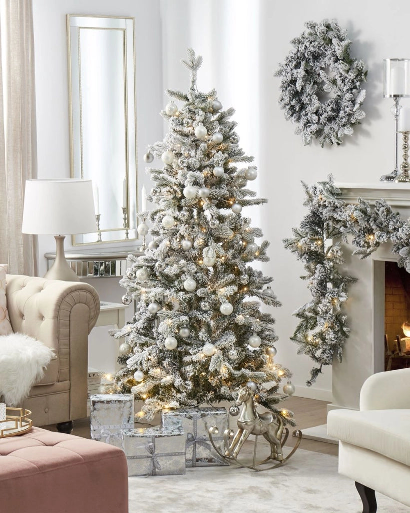 Albero di Natale artificiale innevato preilluminato con supporto in metallo 180 cm bianco