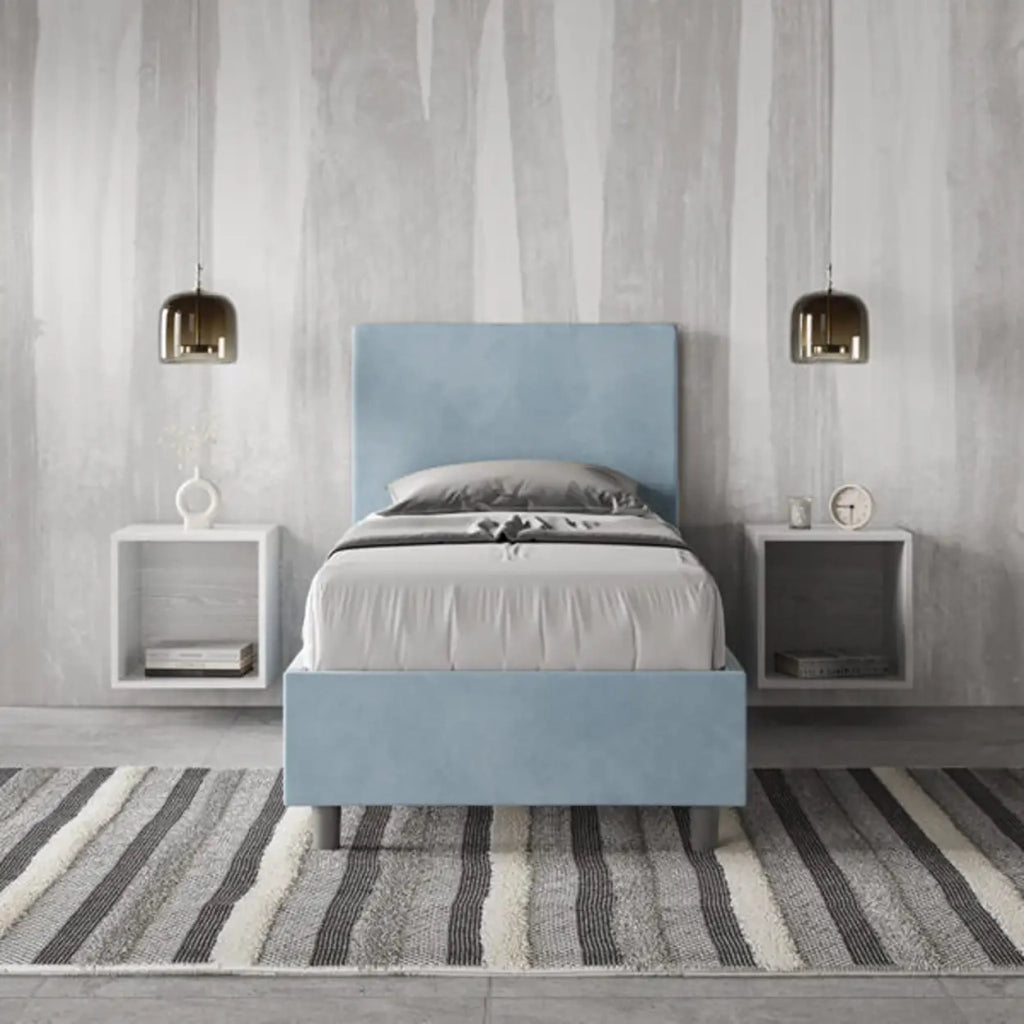 Letto singolo senza rete imbottito 80x190 microfibra azzurro Adele