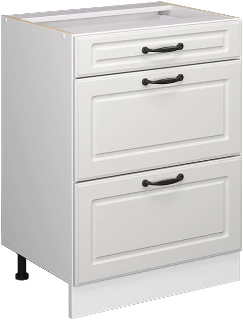 Mobiletto base per cucina R-Line, Bianco casa di campagna, 60 cm con cassetti, senza piano di lavoro, per la libera combinazione all'interno di sistemi cucina modulari