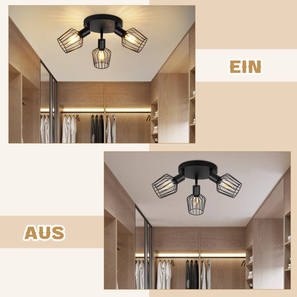 ZMH Lampada da soffitto 3 faretti E14 metallo nero rotonda orientabili 350° stile industriale per corridoio soggiorno