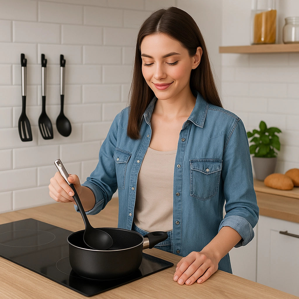 Utensili da Cucina 6pz in Acciaio e Nylon Non Graffiano Antiaderenti Nero Cromo
