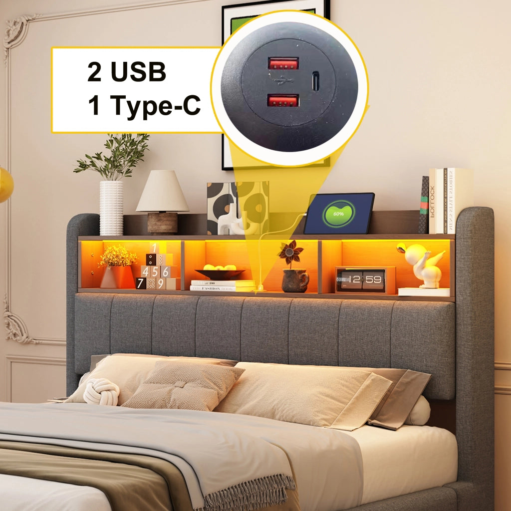 Letto Matrimoniale 140x200 cm; 2 Posti; LED; USB; porta tipo C e Contenitore Grigio
