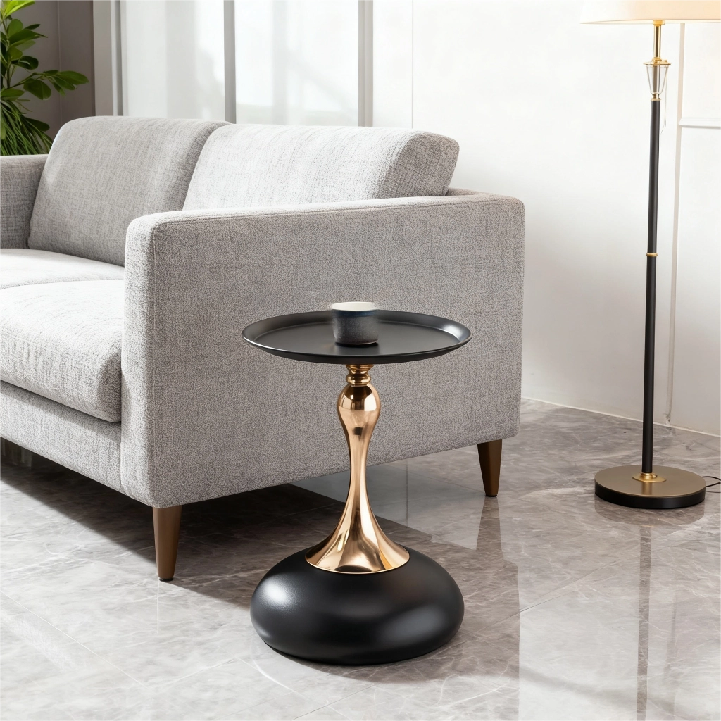 Tavolino da caffè tondo in metallo - per soggiorno e camera da letto - nero e oro - 44x41x20 cm