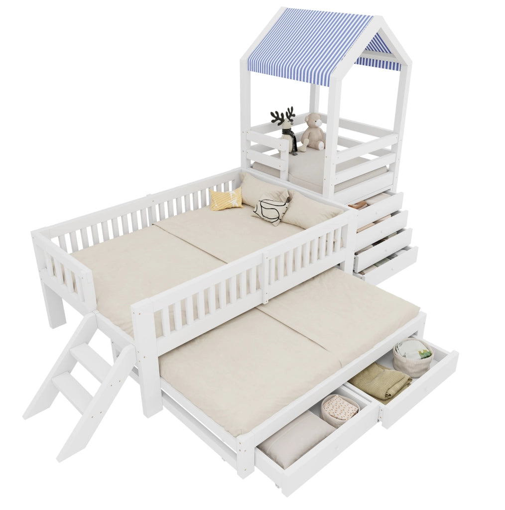 Letto per bambini a casetta con letto estraibile e cassetti bianco