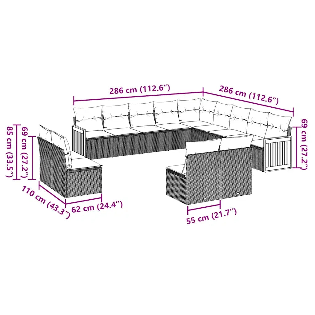 Set Divani da Giardino 13pz con Cuscini Nero in Polyrattan