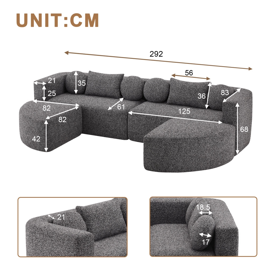Divano modulare trasformabile in chenille nero 292x165x68 cm