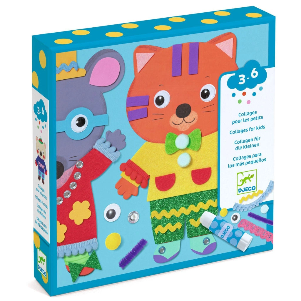 Set Collage per i piu piccoli,con diversi materiali da incollare su sagome di cartone, Djeco,Eta 3-6 anni