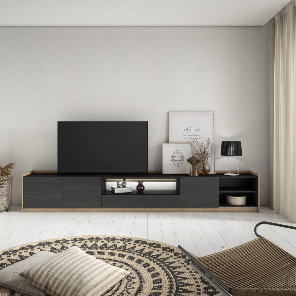 Mobile TV Soggiorno, 310x50x37 cm, Per TV fino a 80", LED, Nero e rovere