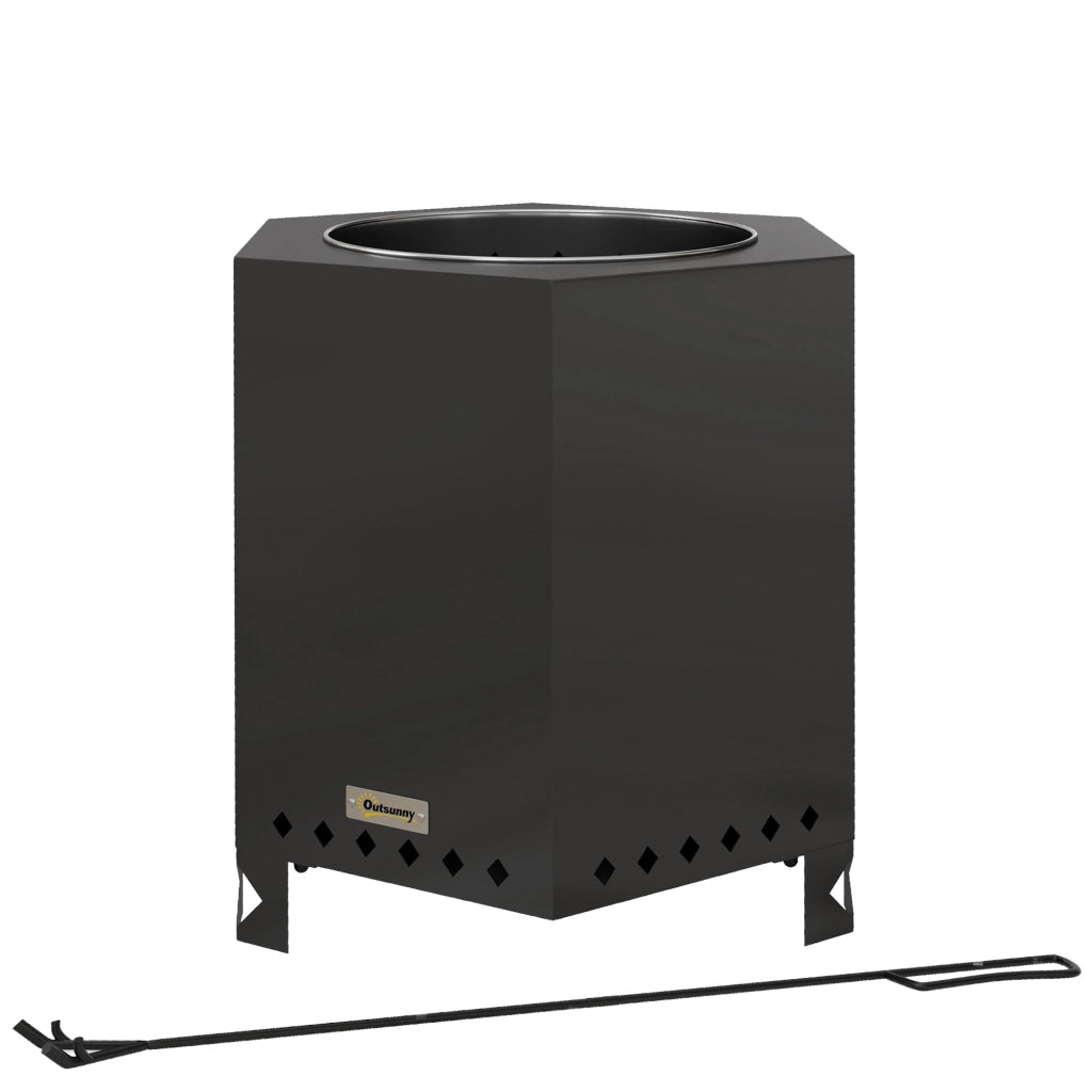 Braciere da esterno senza fumo in metallo nero, con attizzatoio, 45 x 38,8 x 46,5 cm