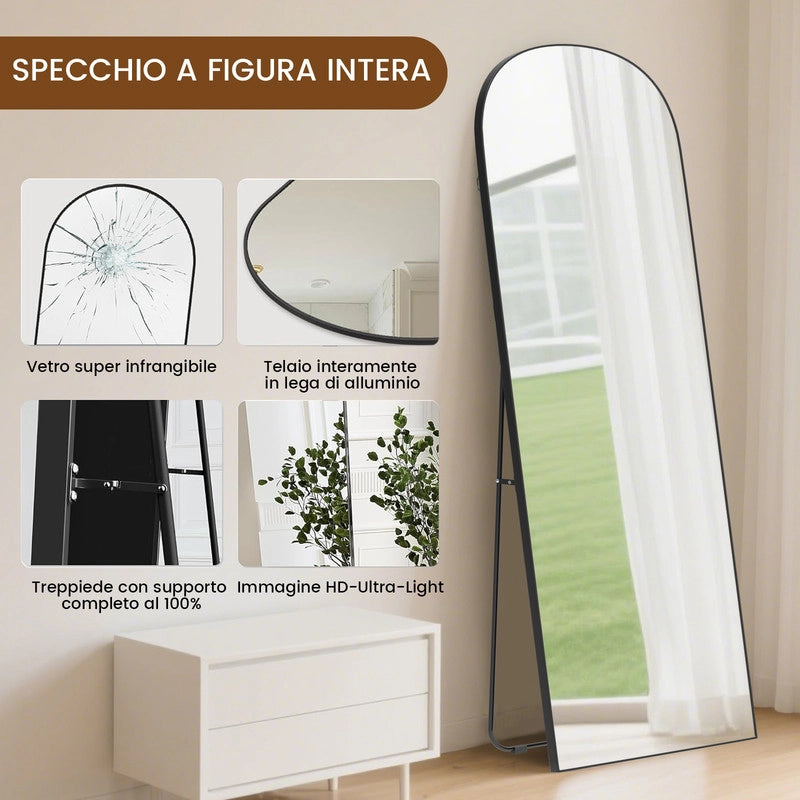 Specchio a figura intera 162 x 52 cm, specchio ad arco , specchio da terra con supporto, specchio ad arco nero a figura intera