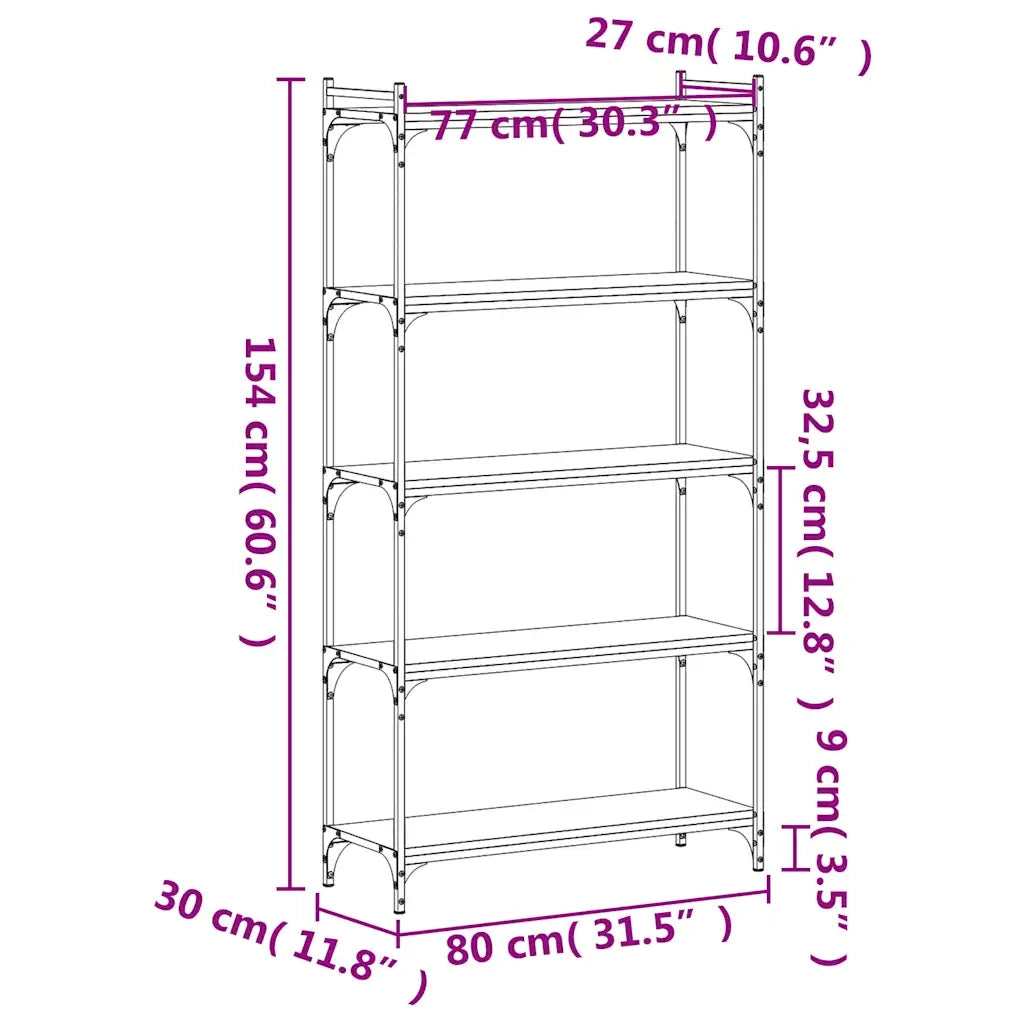 Libreria a 5 Ripiani-Scaffale per Libri-Mobile di Stoccaggio Nera 80x30x154 cm in Legno Multistrato