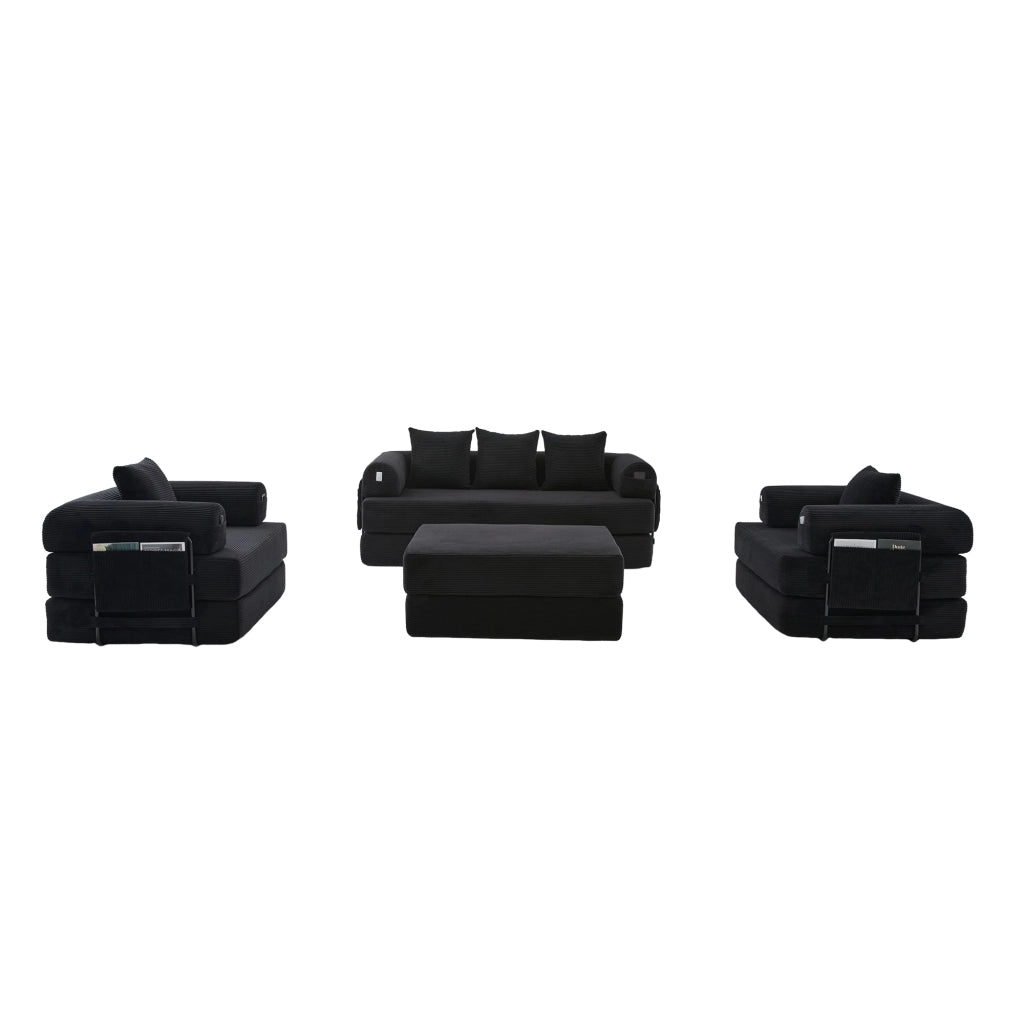 Divano Modulare 4 Posti con Poggiapiedi ¨C MINIMAL ¨C Tessuto Cord, Cuscini, Braccioli, Metallo